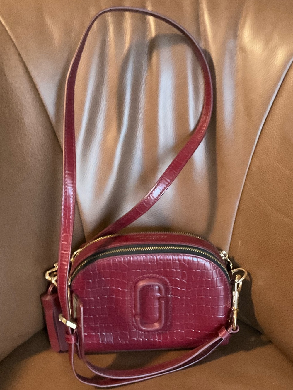 Marc Jacobs Croc-Embossed Crossbody in Burgundy with Gold Hardware